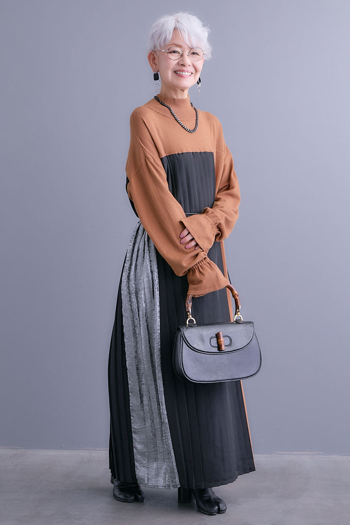 【予約】メタリックプリーツドッキングニットワンピース