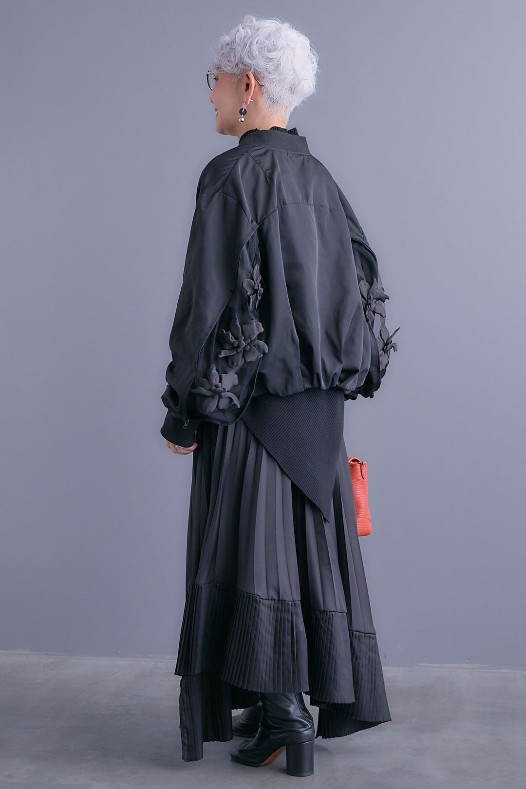 【SET】アシンメトリーオーバーニット+チュールフラワースリーブMA-1【2WAY】+アシンメトリープリーツスカート(3set)