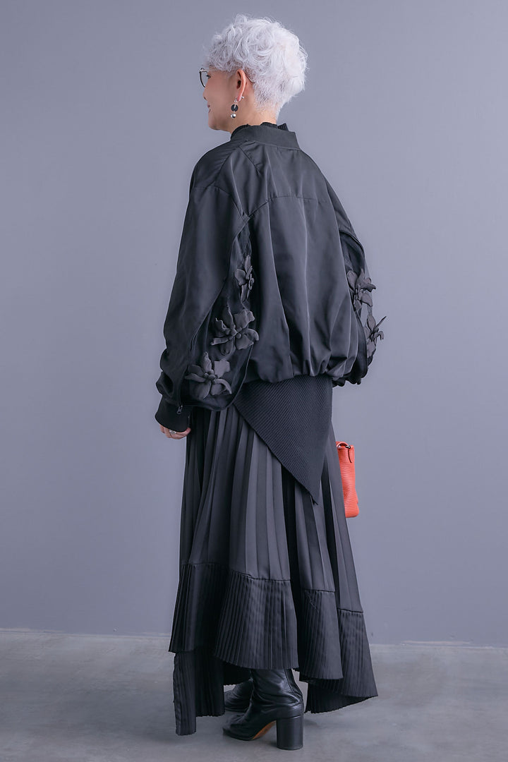 【SET】アシンメトリーオーバーニット+チュールフラワースリーブMA-1【2WAY】+アシンメトリープリーツスカート(3set)