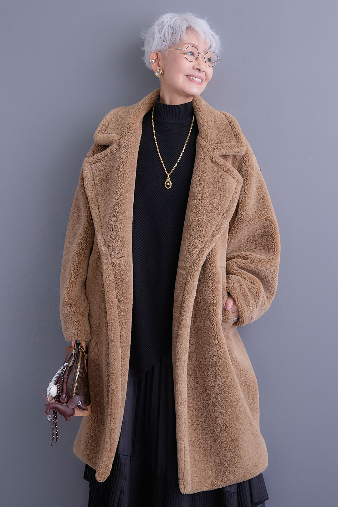 【SET】アシンメトリーオーバーニット+テディボアロングコート+アシンメトリープリーツスカート(3set)