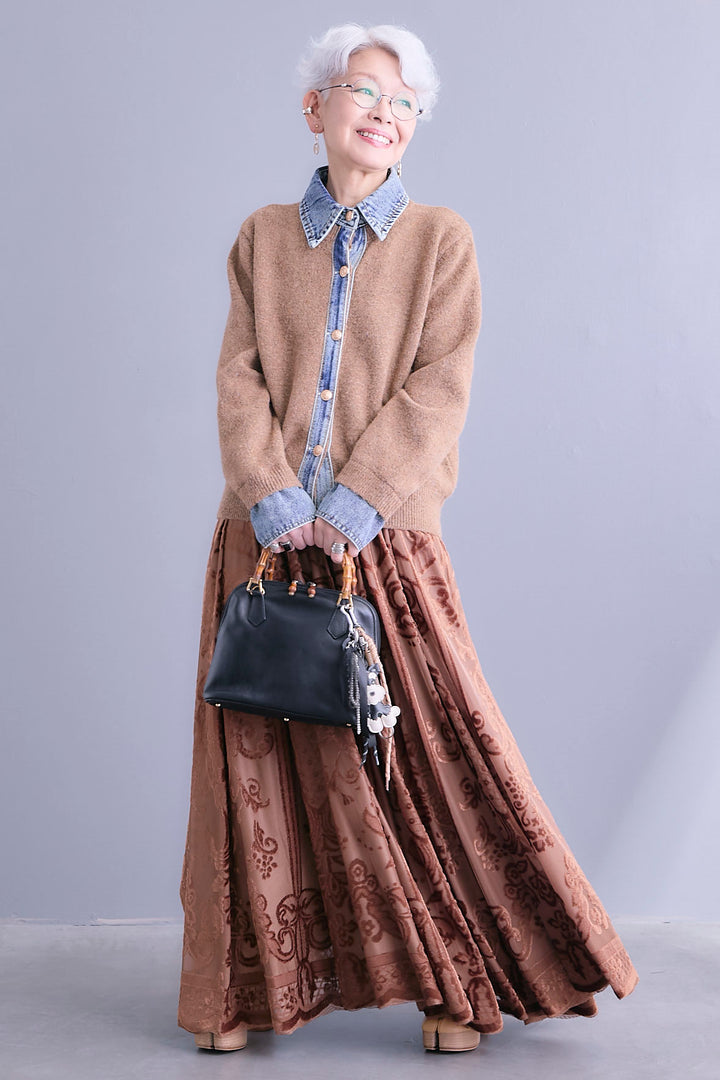 【SET】デニムコンビニットカーディガン+フロッキージャガードチュールロングスカート(2set)