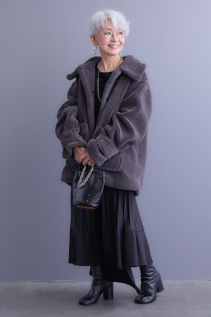 【SET】テディボアフラットカラーコート+アシンメトリープリーツスカート(2set)