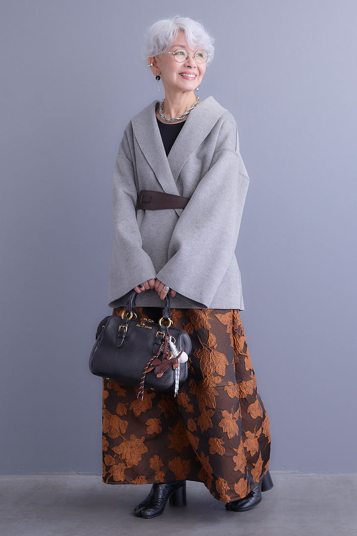 【SET】メルトンソフトショールカラーコート【ベルト付き】+ジャガードフラワースカート(2set)