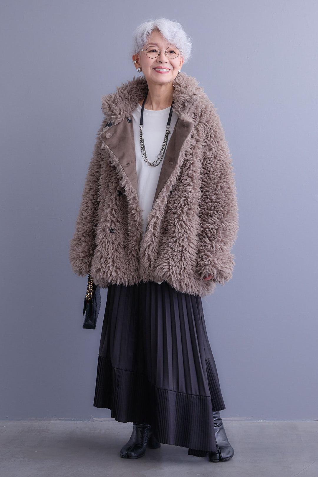 【SET】アシンメトリーロンT+プードルボア2WAYカラーコート+アシンメトリープリーツスカート(3set)