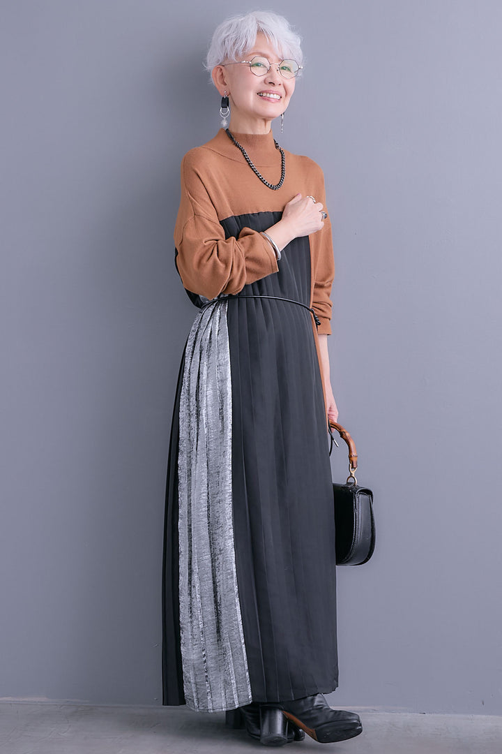 【予約】メタリックプリーツドッキングニットワンピース