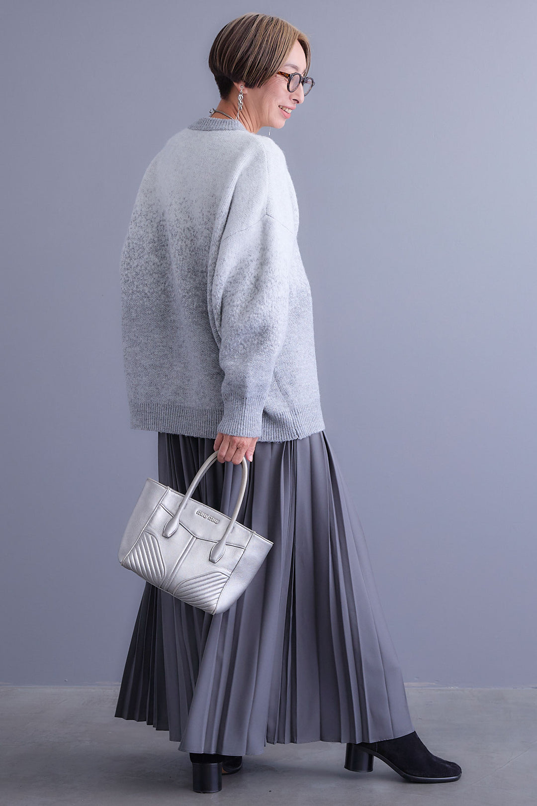 【SET】グラデーションラメクルーネックニット+ダブルプリーツロングスカート(2set)