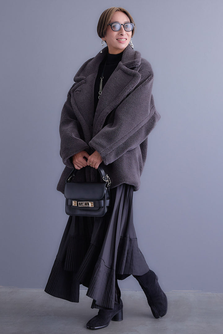 【SET】アシンメトリーオーバーニット+テディボアミディコート+アシンメトリープリーツスカート(3set)