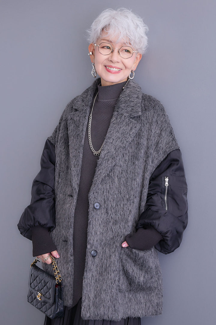 【新色追加】【SET】アシンメトリーオーバーニット+チュールレイヤードMA-1シャギーオーバーコート+アシンメトリープリーツスカート(3set)