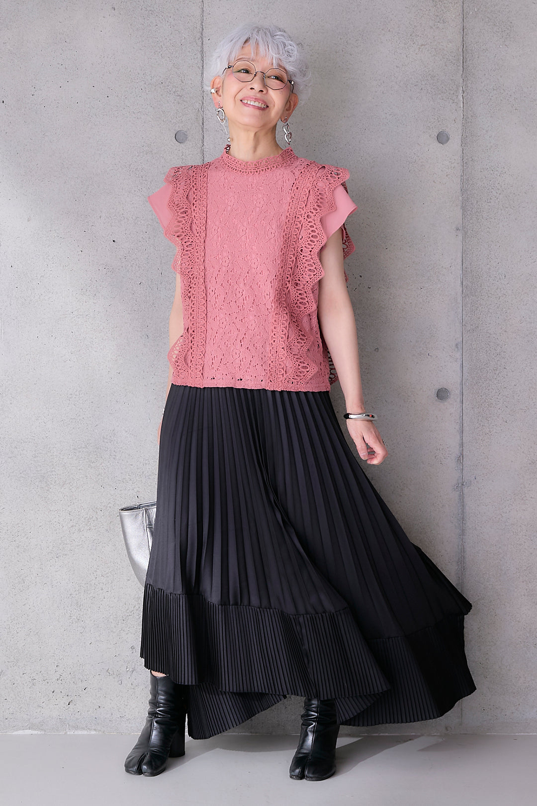 【SET】接触冷感スタンドカラーフレンチスリーブレースブラウス+アシンメトリープリーツスカート(2set)