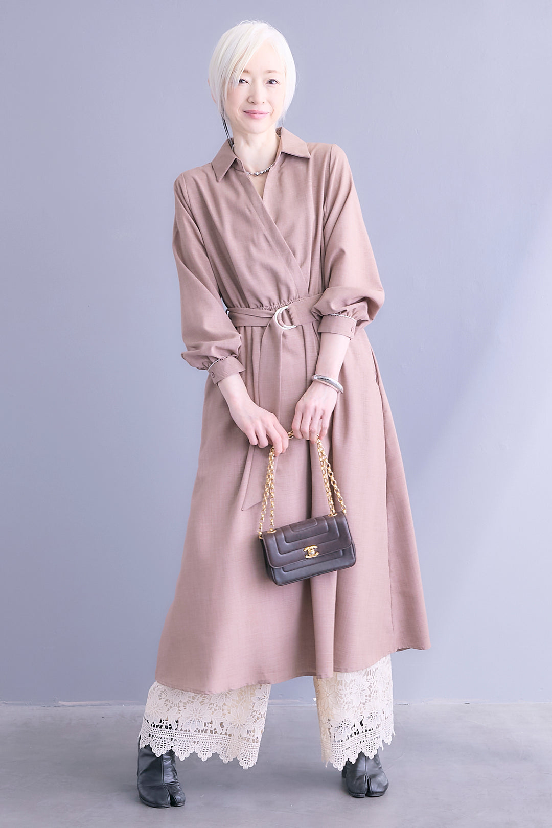 【SET】スキッパーカシュクールシャツワンピース+ケミカルレースパンツ(2set)