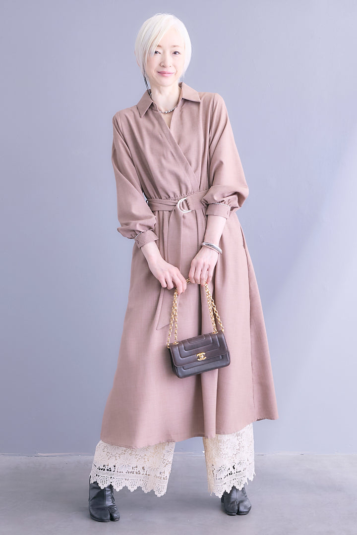 【SET】スキッパーカシュクールシャツワンピース+ケミカルレースパンツ(2set)