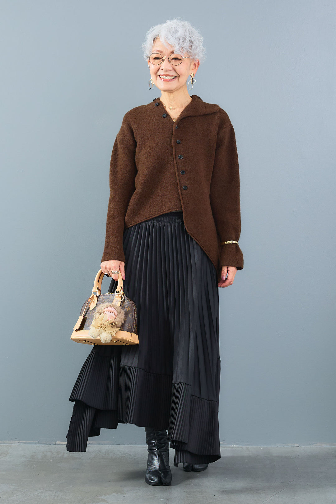【SET】アシメハイネックボタンニット+アシンメトリープリーツスカート(2set)