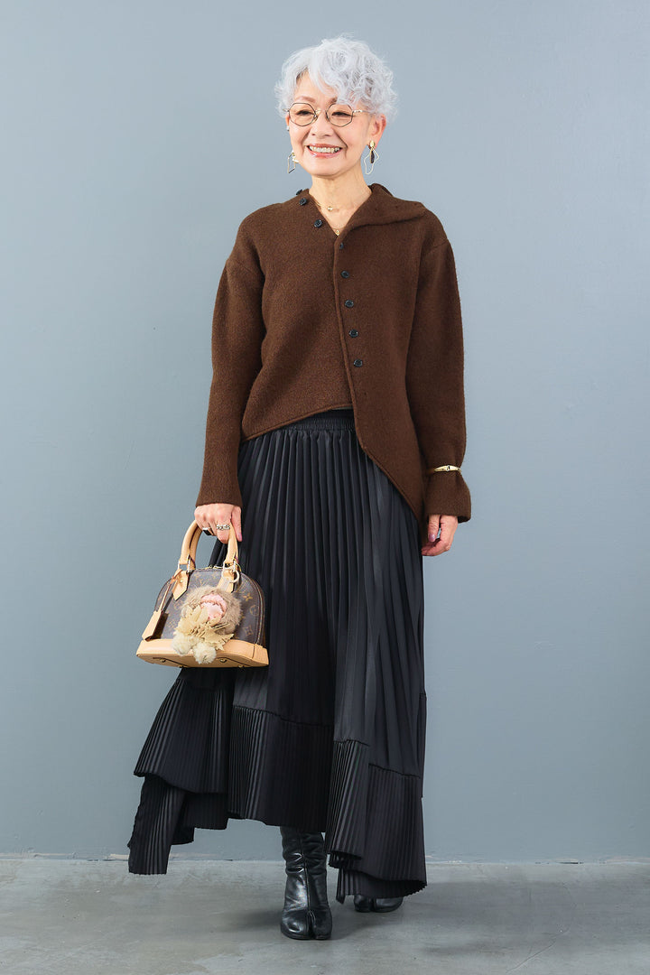 【SET】アシメハイネックボタンニット+アシンメトリープリーツスカート(2set)