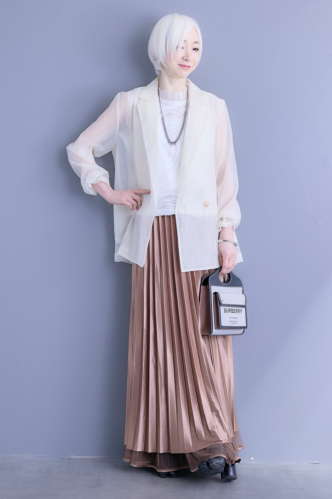 【SET】シアーポプリンダブルテーラードジャケット+ウェーブモチーフスタンドネックブラウス+2WAYラメサテンプリーツ×シアーティアードチュールスカート(3set)