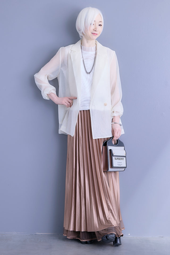 【SET】シアーポプリンダブルテーラードジャケット+ウェーブモチーフスタンドネックブラウス+2WAYラメサテンプリーツ×シアーティアードチュールスカート(3set)