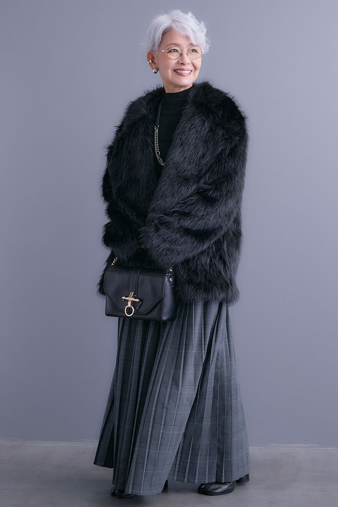 【SET】テーラードカラーファーコート+グレンチェックプリーツスカート(2set)