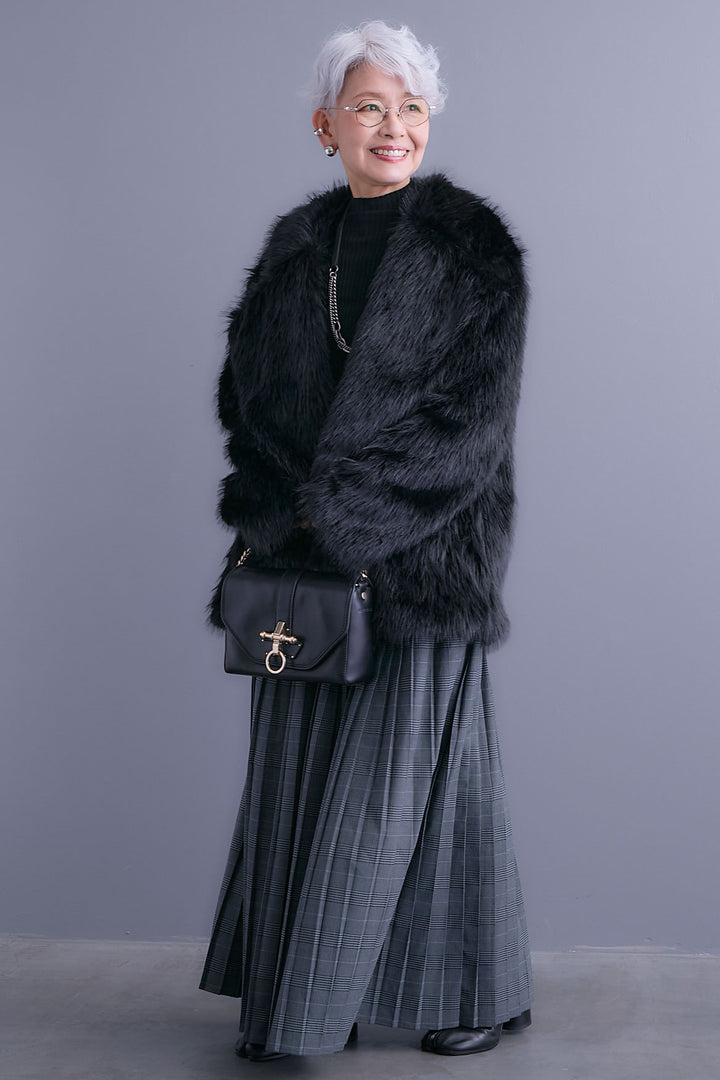 【SET】テーラードカラーファーコート+グレンチェックプリーツスカート(2set)