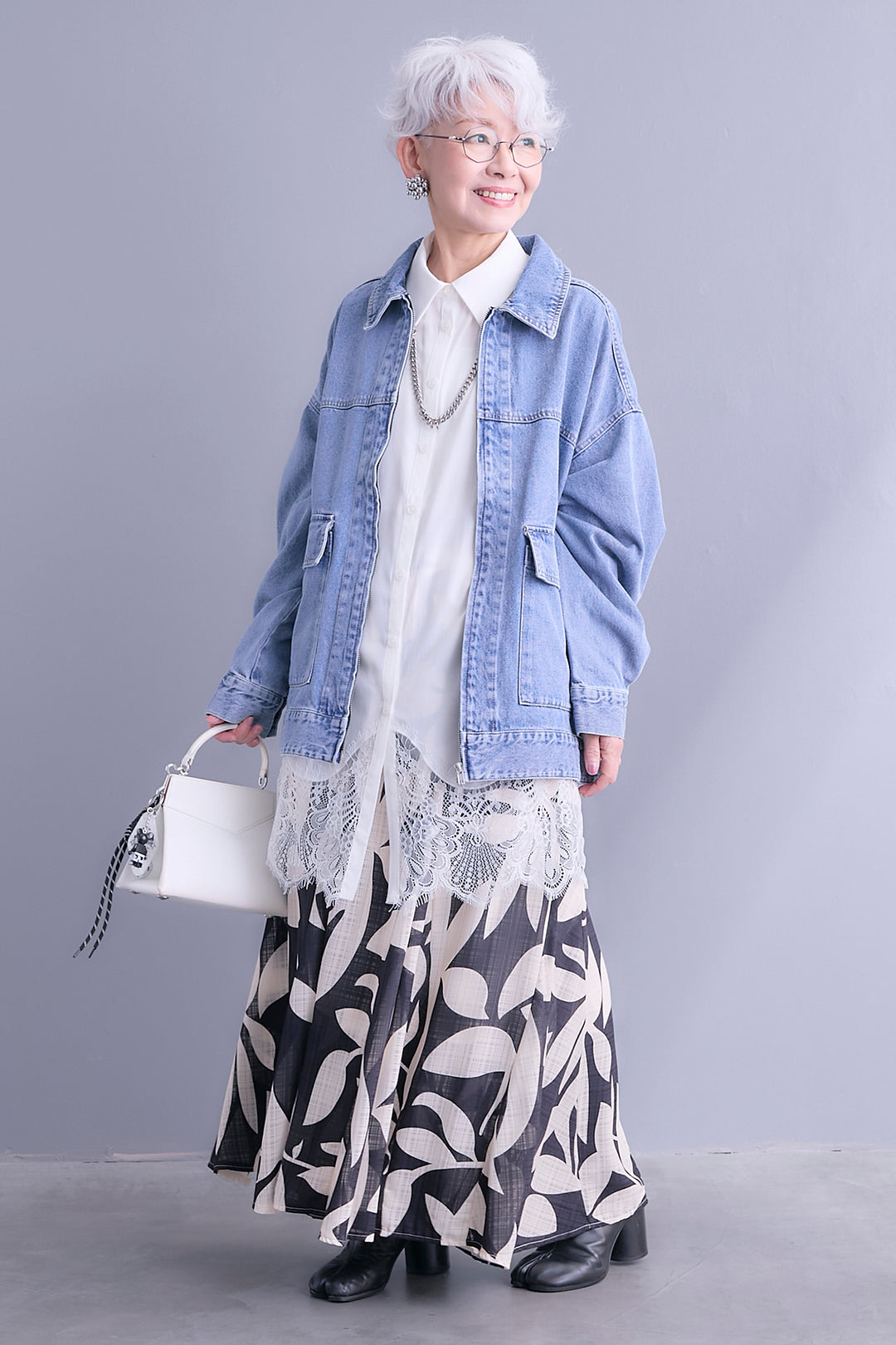 【SET】ジップアップデニムブルゾン+ヘムレースロングシャツ+リーフアートフレアスカート(3set)