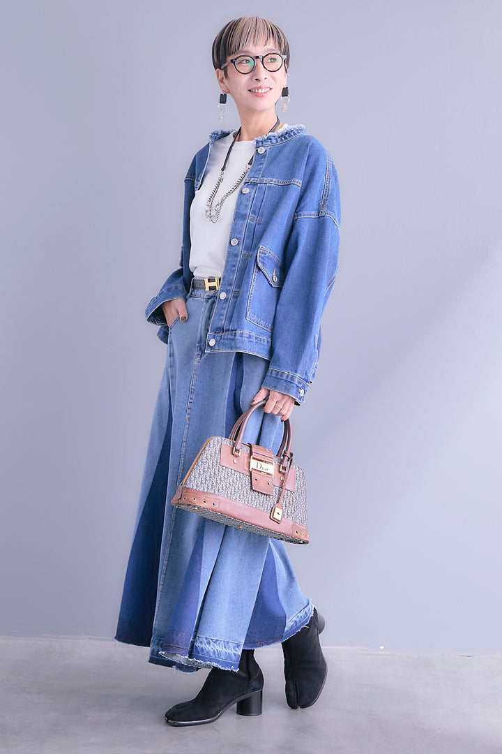 【SET】ノーカラーオーバーサイズデニムジャケット+プリーツタックデニムスカート(2set)