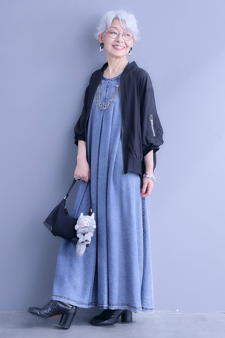 【SET】バルーンハーフスリーブMA-1ジャケット+パウダーシルクヴィンテージデニムワンピース(2set)