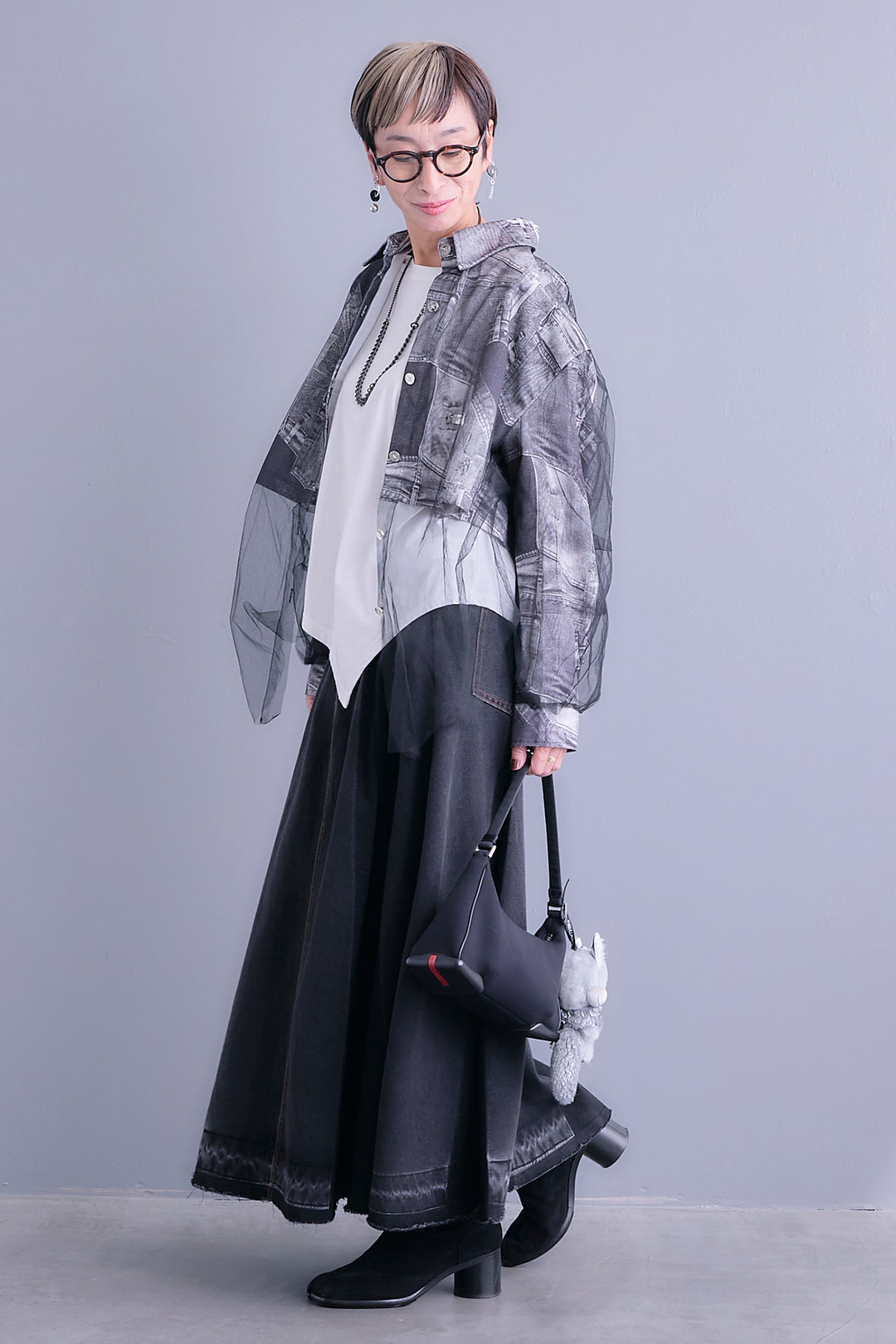 【SET】デニムグラフィックチュールレイヤードシャツ+アシンメトリーロンT+プリーツタックデニムスカート(3set)