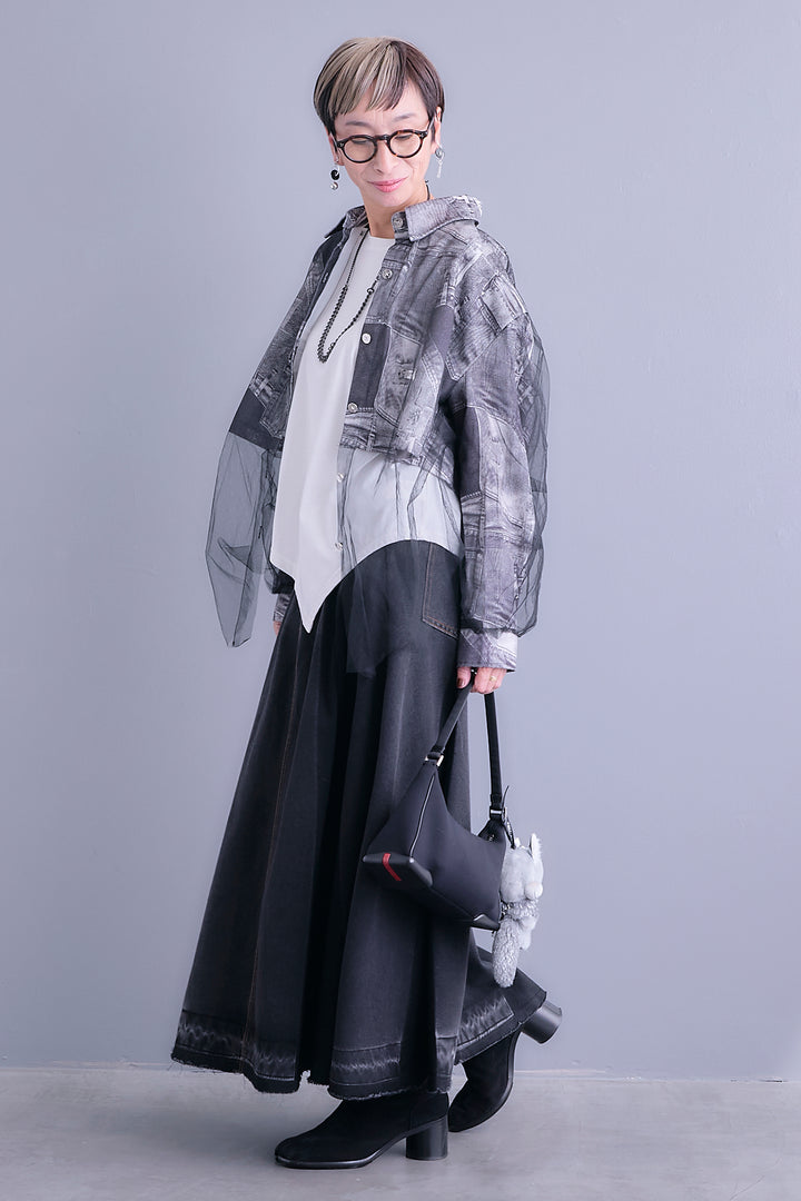 【SET】デニムグラフィックチュールレイヤードシャツ+アシンメトリーロンT+プリーツタックデニムスカート(3set)