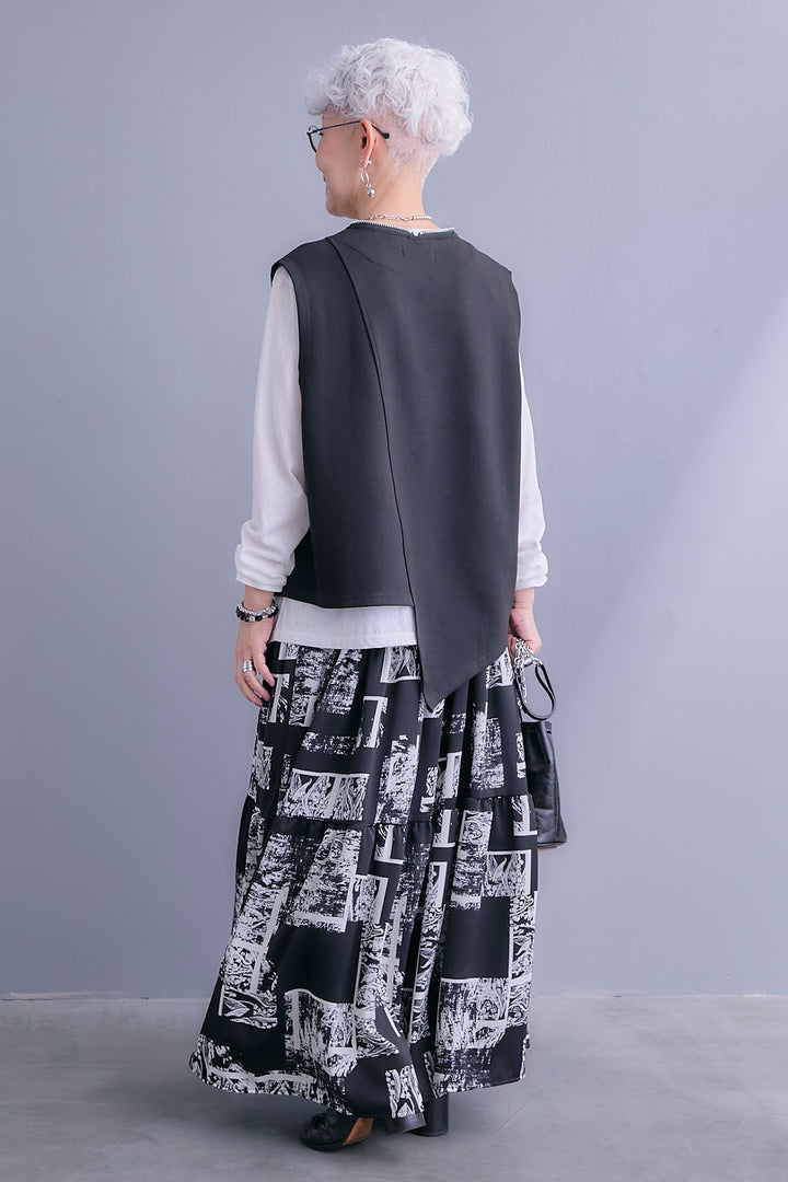 【SET】ZIPオープンVネックベスト+アシメロンT+スズランモノトーンフレアスカート(2set)