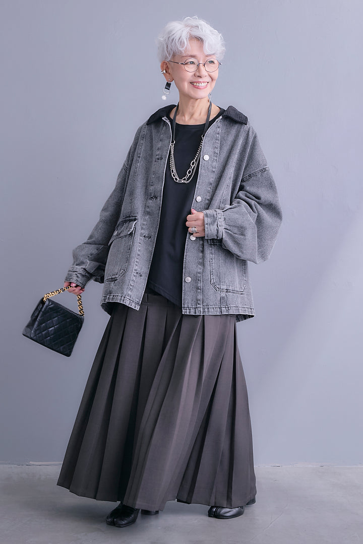 【SET】コーデュロイカラー10ozデニムジャケット+アシンメトリーロンT+ボックスプリーツロングスカート(3set)