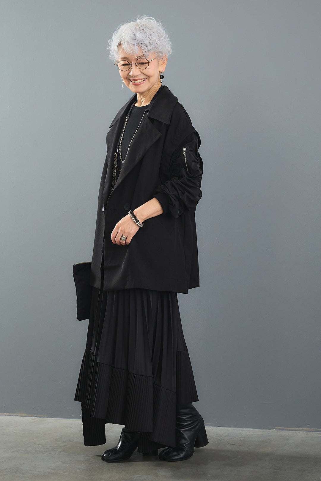 【SET】アシンメトリーロンT+シャーリングMA-1ジャケット【2WAY】+アシンメトリープリーツスカート(3set)