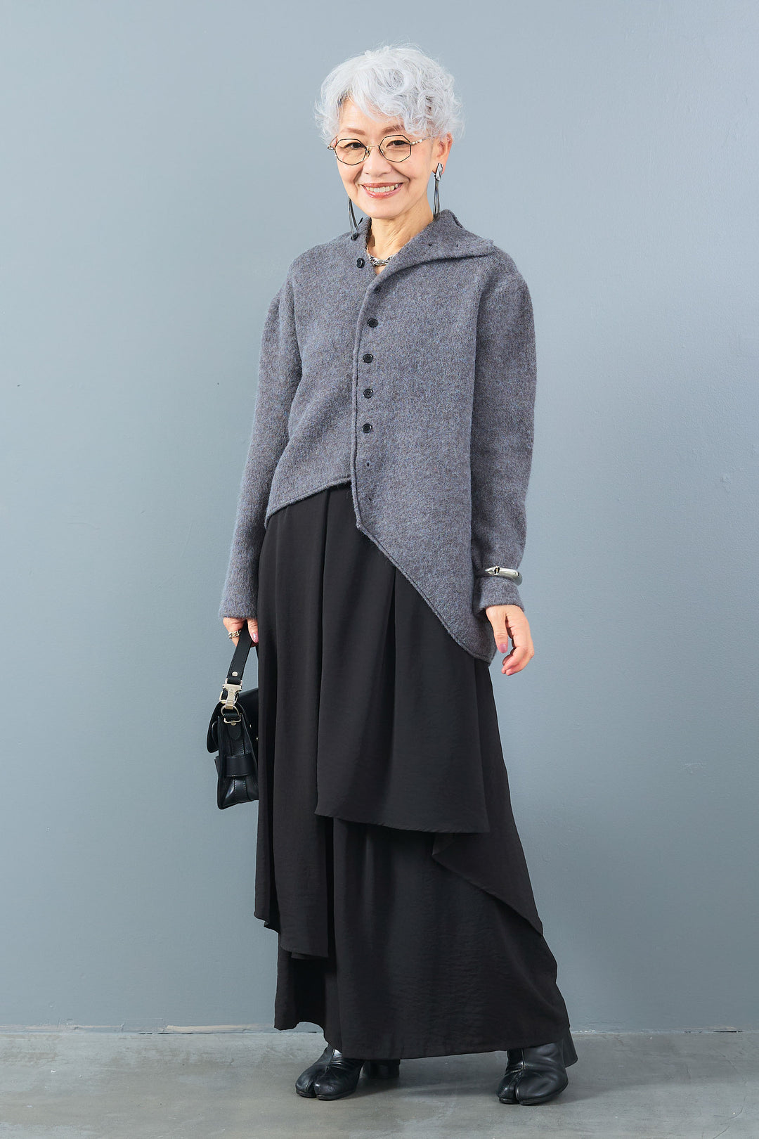 【SET】アシメハイネックボタンニット+アシメレイヤードワイドパンツ(2set)