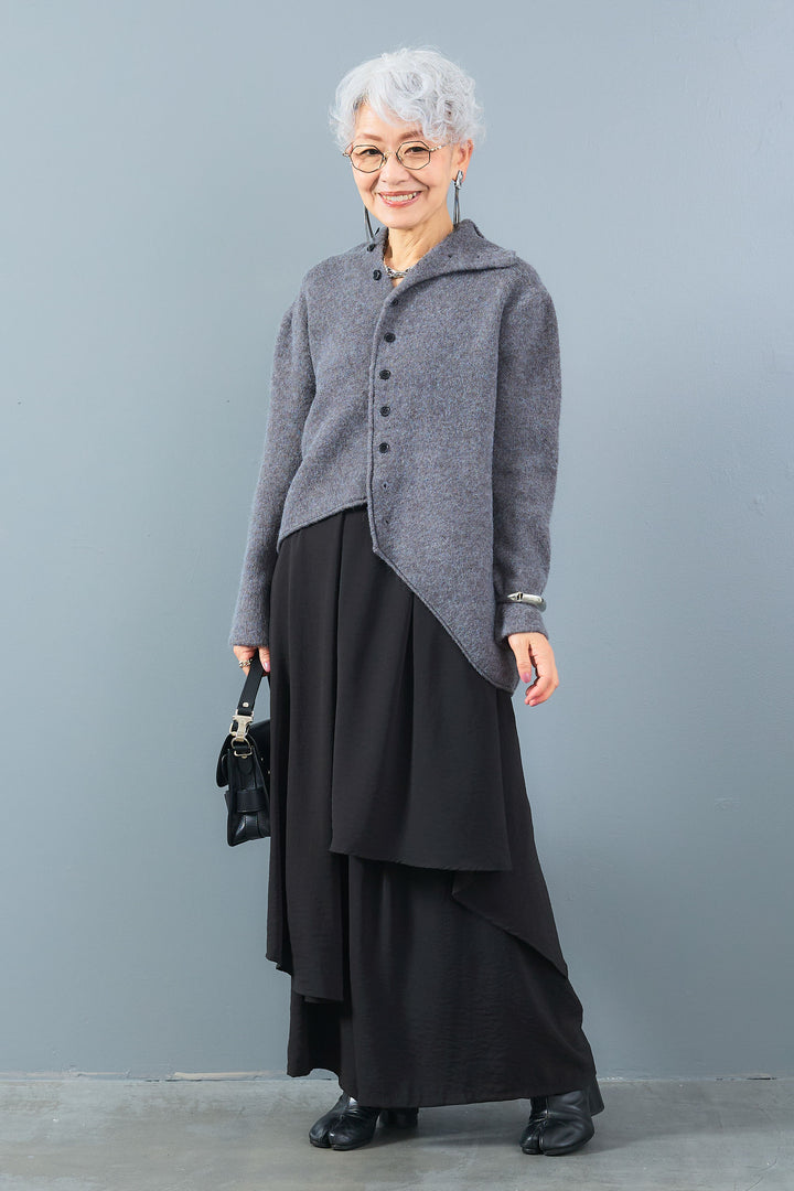 【SET】アシメハイネックボタンニット+アシメレイヤードワイドパンツ(2set)