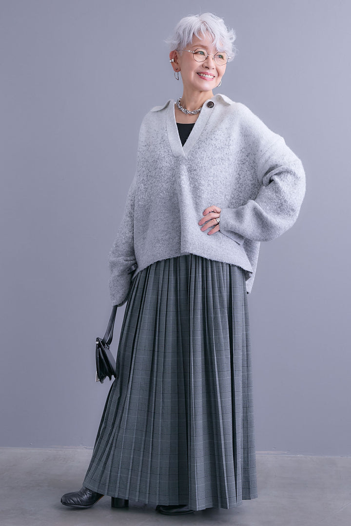 【SET】グラデーションラメキーネックニット+グレンチェックプリーツスカート(2set)