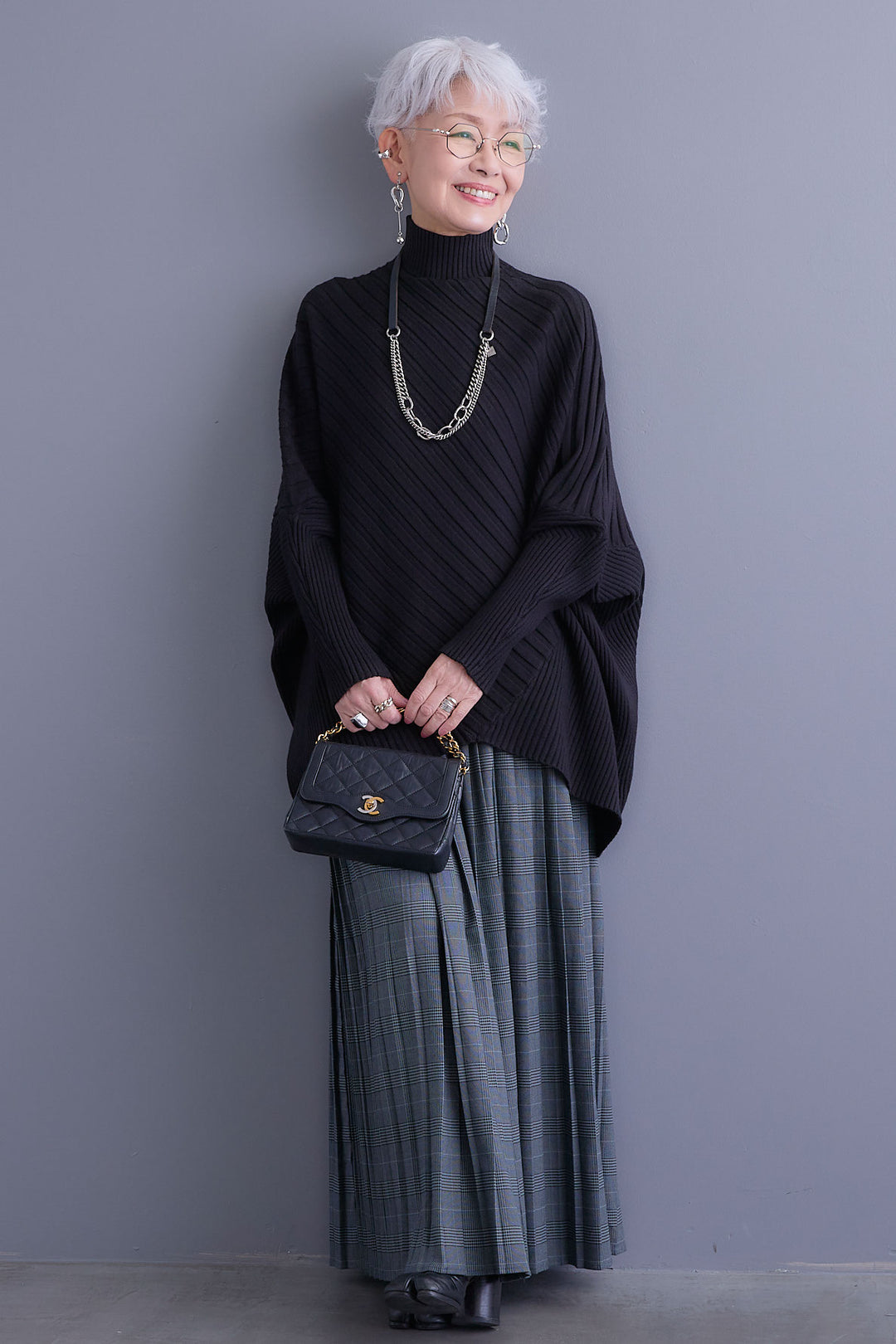 【SET】ワイドリブドルマンニット+グレンチェックプリーツスカート(2set)