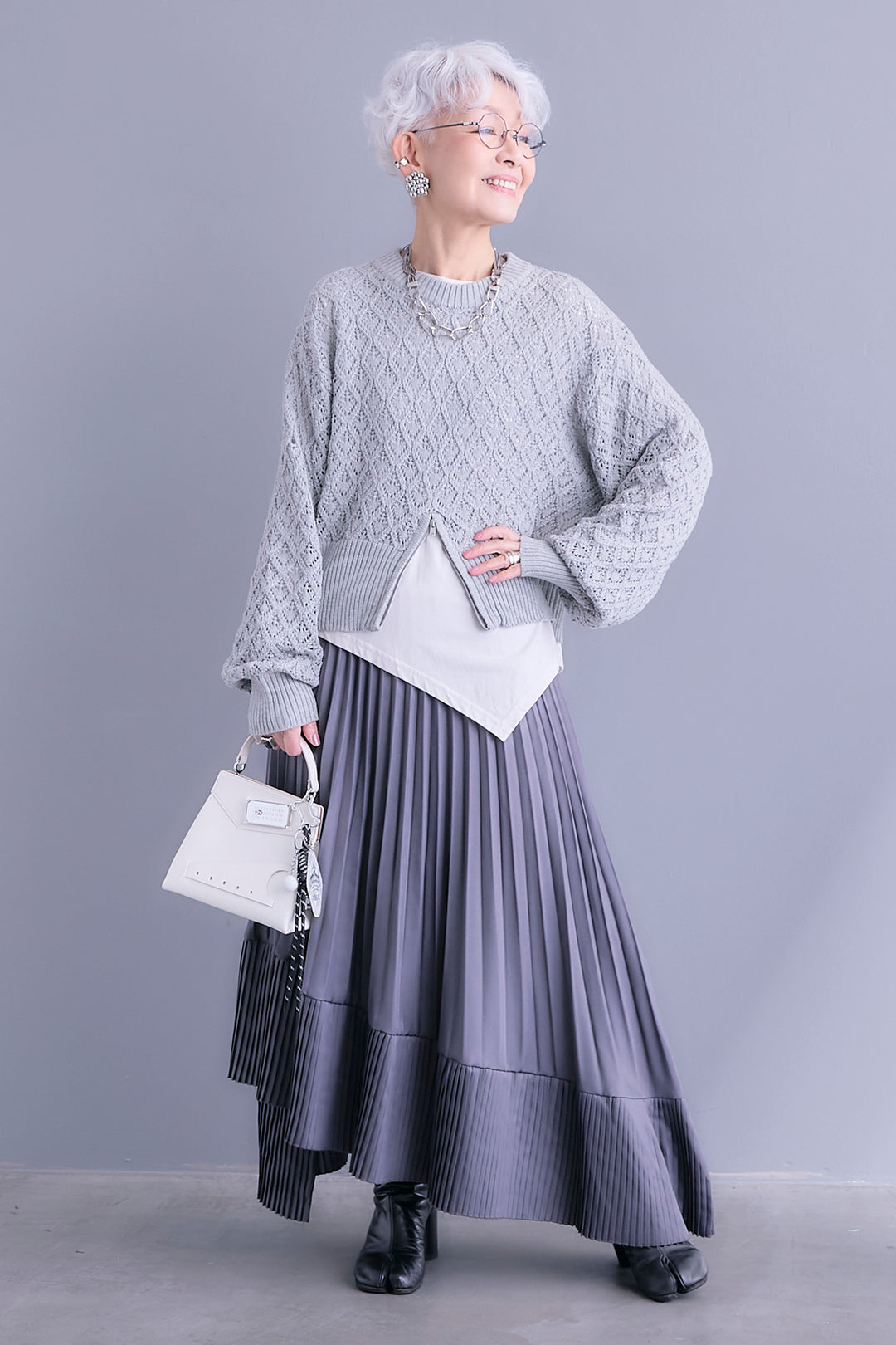 【SET】透かし編みフロントZIPニット+アシンメトリーロンT+アシンメトリープリーツスカート(3set)