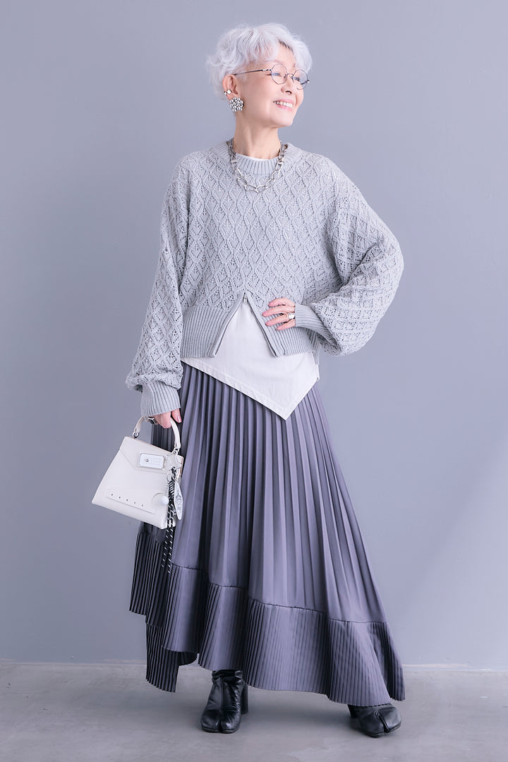 【SET】透かし編みフロントZIPニット+アシンメトリーロンT+アシンメトリープリーツスカート(3set)