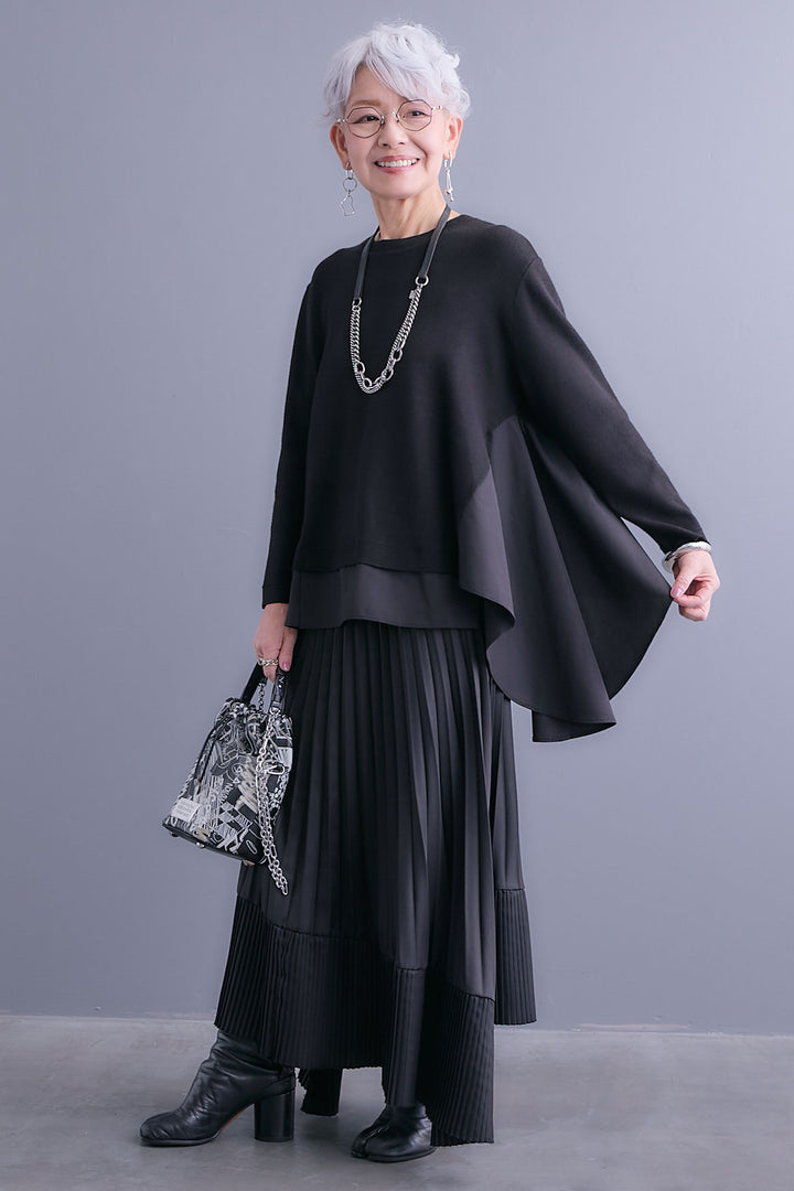 【SET】アシンメトリードレープレイヤードニット+アシンメトリープリーツスカート(2set)