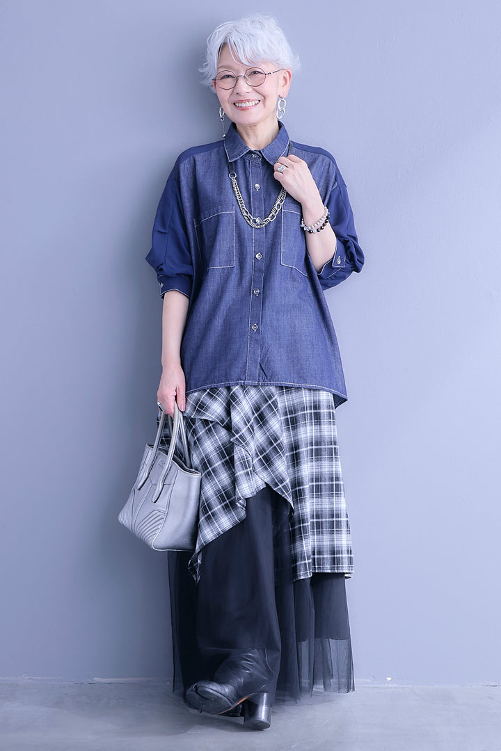 【SET】デニム×シフォンパフスリーブシャツ+チェックスカーフドッキングチュールスカート(2set)