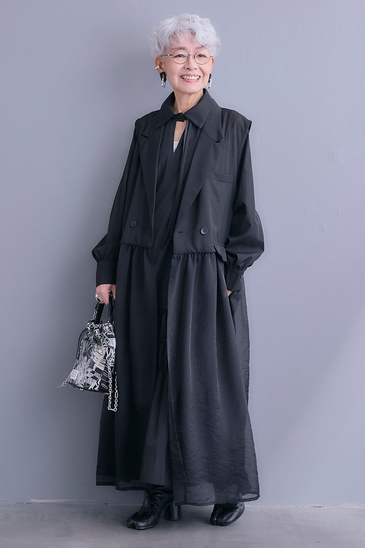 【SET】シアーオーガンジージャケットベスト+コードキーネックシャーリングデザインワンピース(2set)