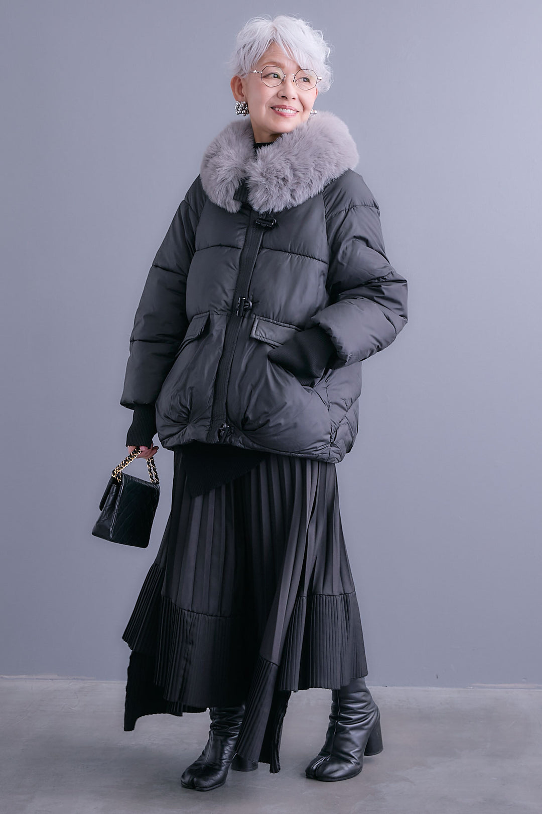 【SET】アシンメトリーオーバーニット+ファーカラーパディングコート+アシンメトリープリーツスカート(3set)