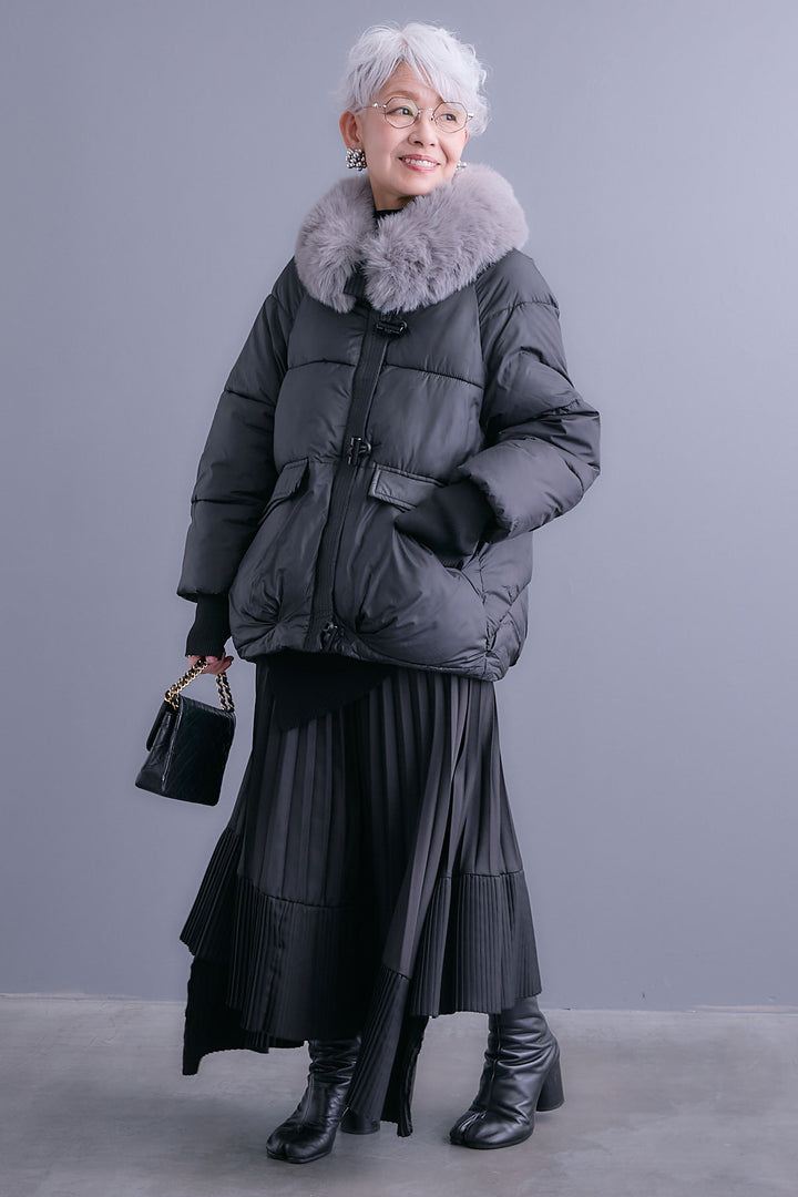 【SET】アシンメトリーオーバーニット+ファーカラーパディングコート+アシンメトリープリーツスカート(3set)