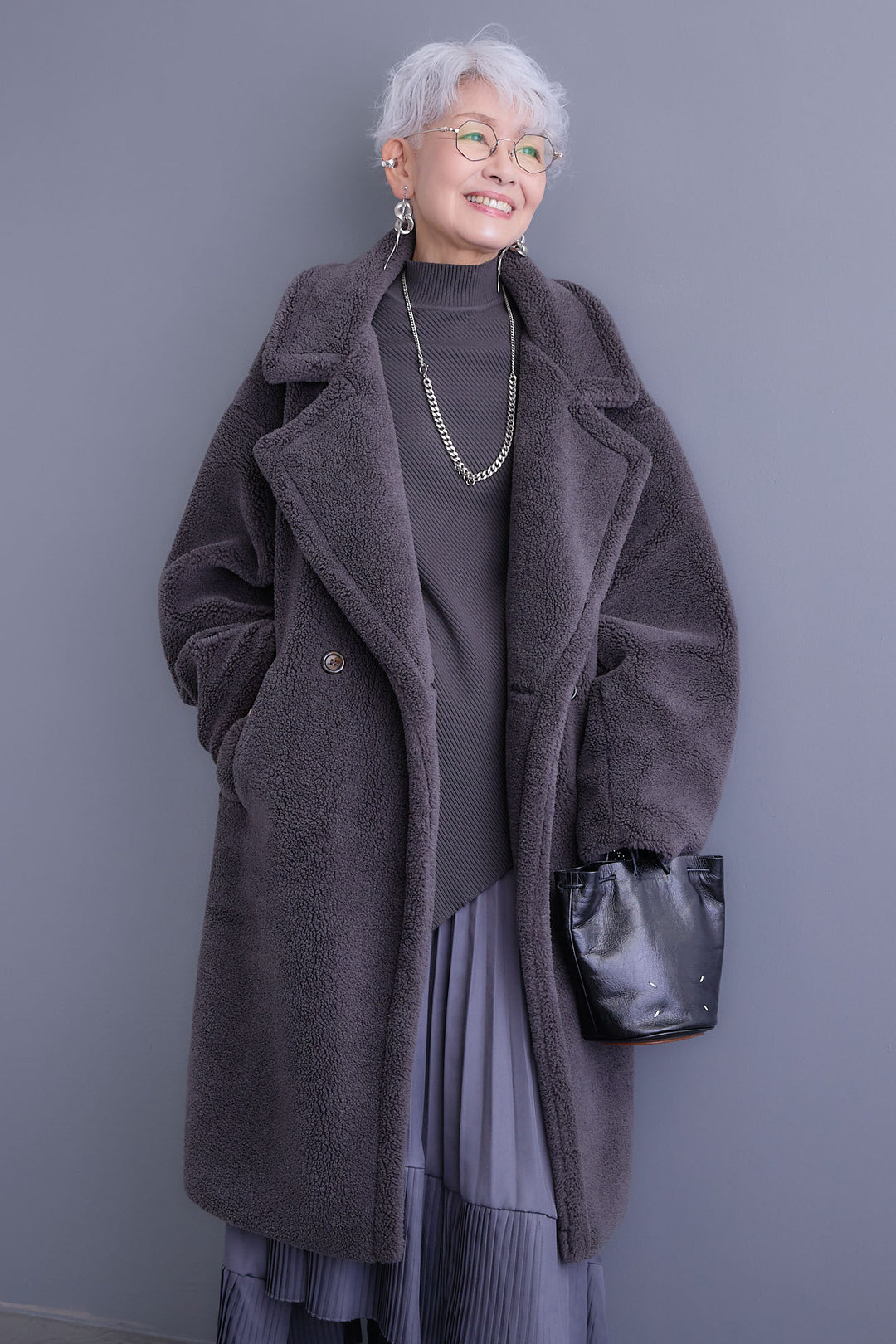 【SET】アシンメトリーオーバーニット+テディボアロングコート+アシンメトリープリーツスカート(3set)