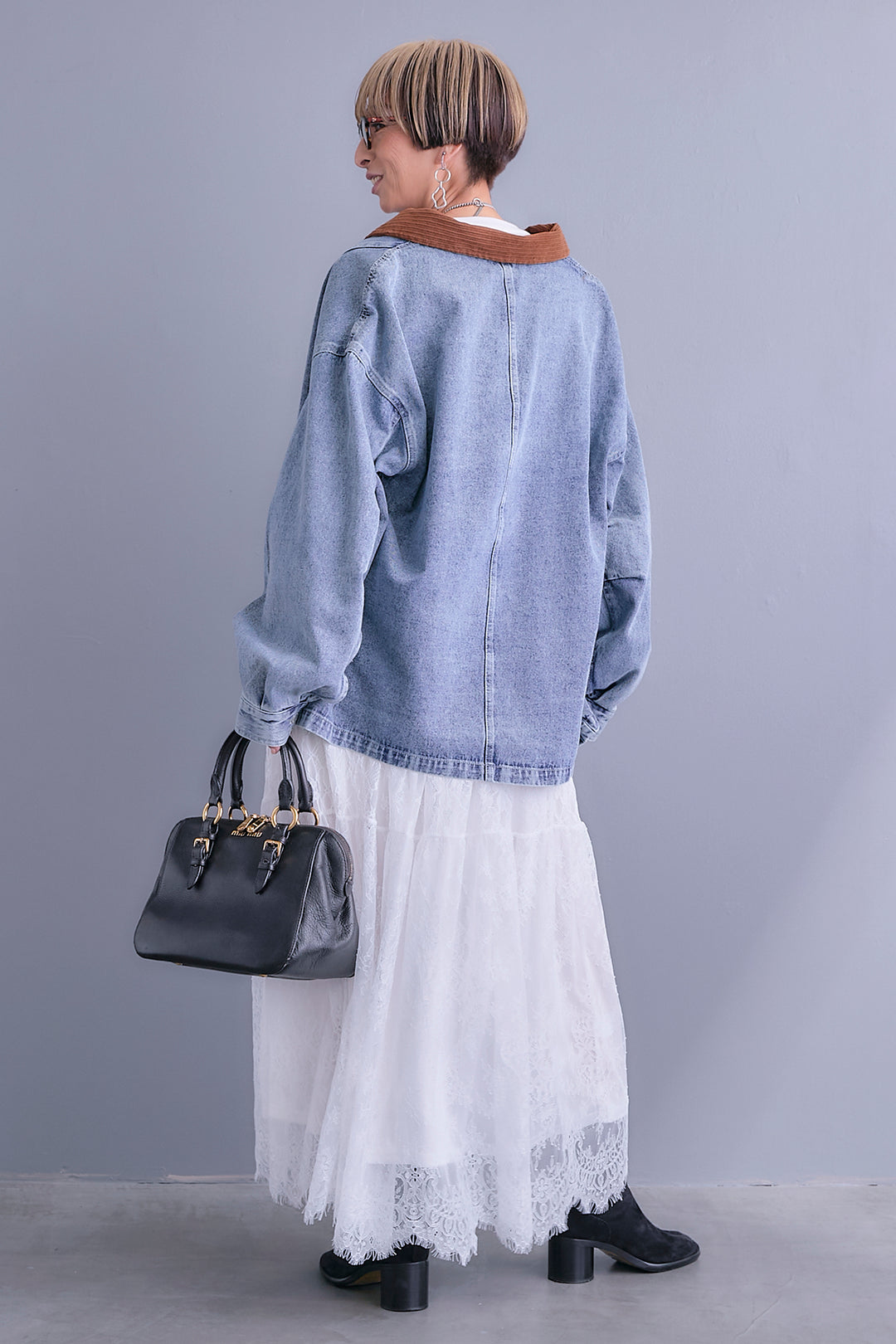 【SET】コーデュロイカラー10ozデニムジャケット+アシンメトリーロンT+アイラッシュレースロングスカート(3set)