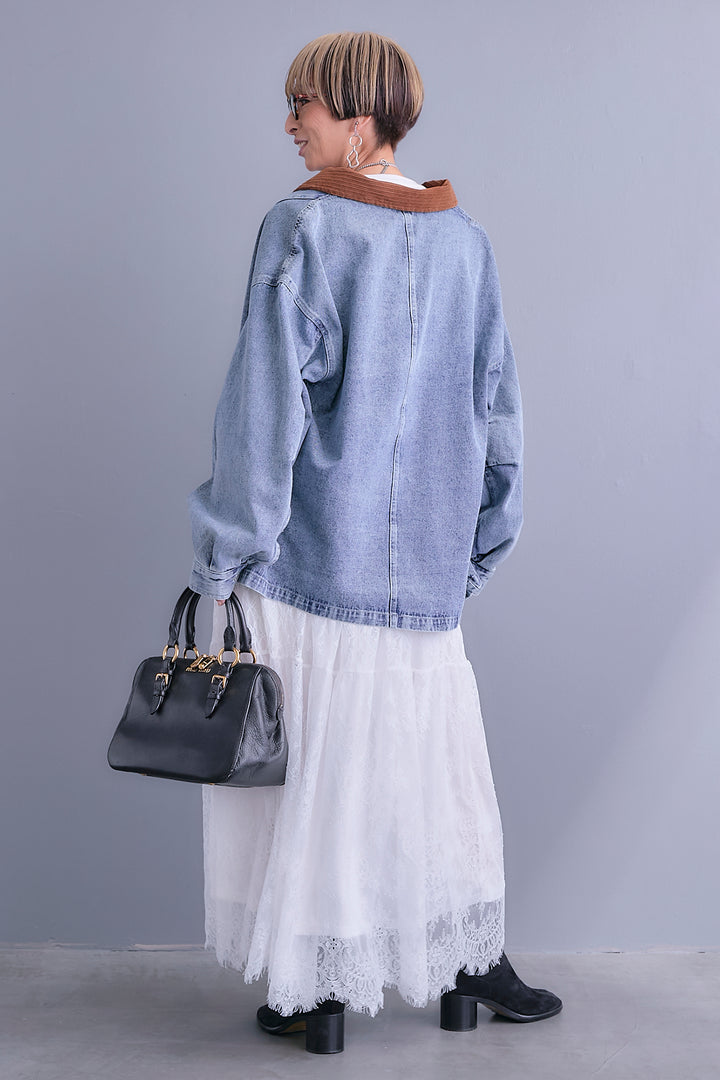 【SET】コーデュロイカラー10ozデニムジャケット+アシンメトリーロンT+アイラッシュレースロングスカート(3set)