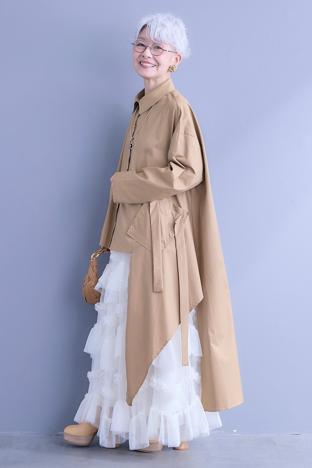 【SET】ロングテールアシメカットデザインシャツ+ペタルティアードチュールスカート(2set)