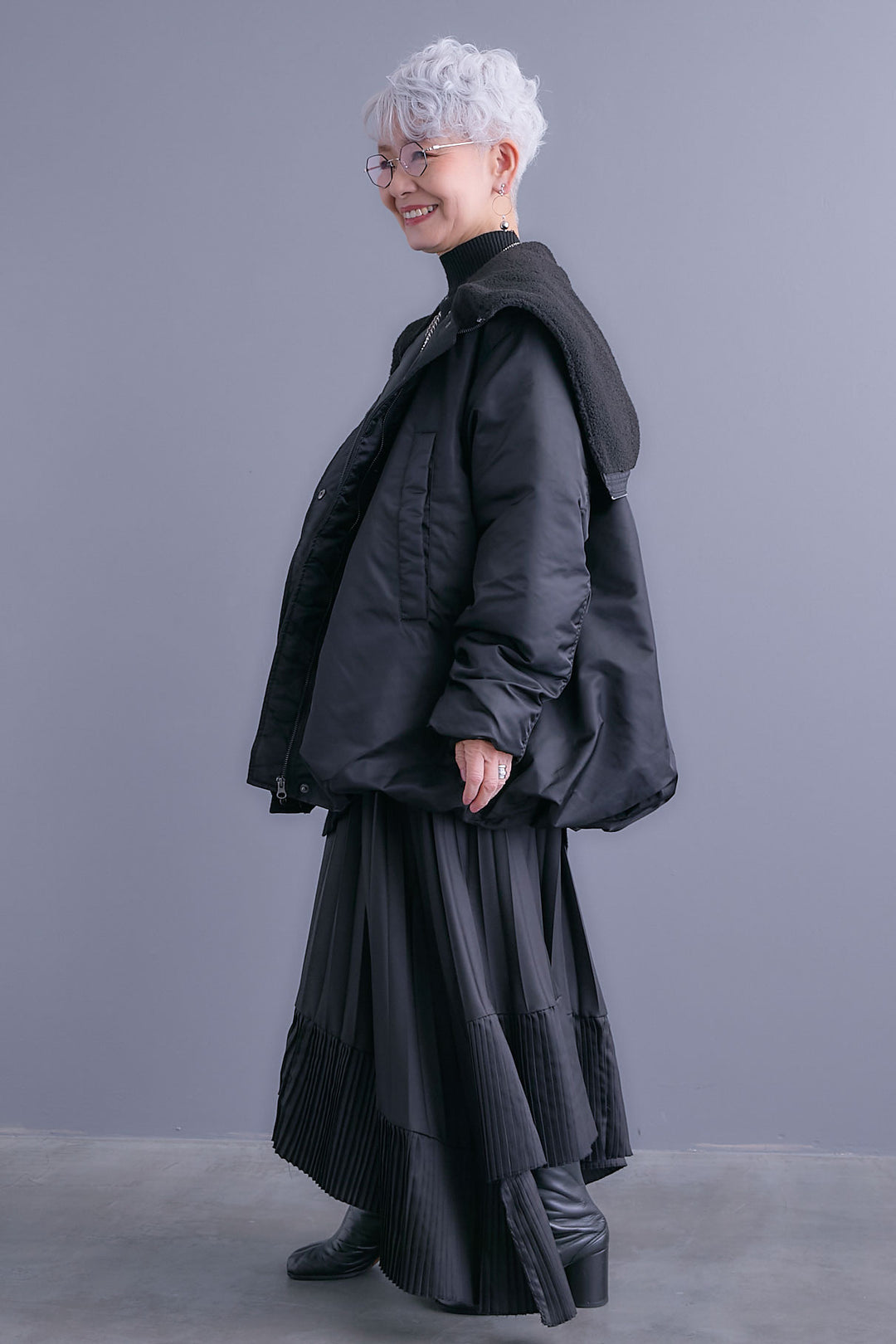 【SET】アシンメトリーオーバーニット+2WAYオーバーカラーN-3Bジャケット+アシンメトリープリーツスカート(3set)