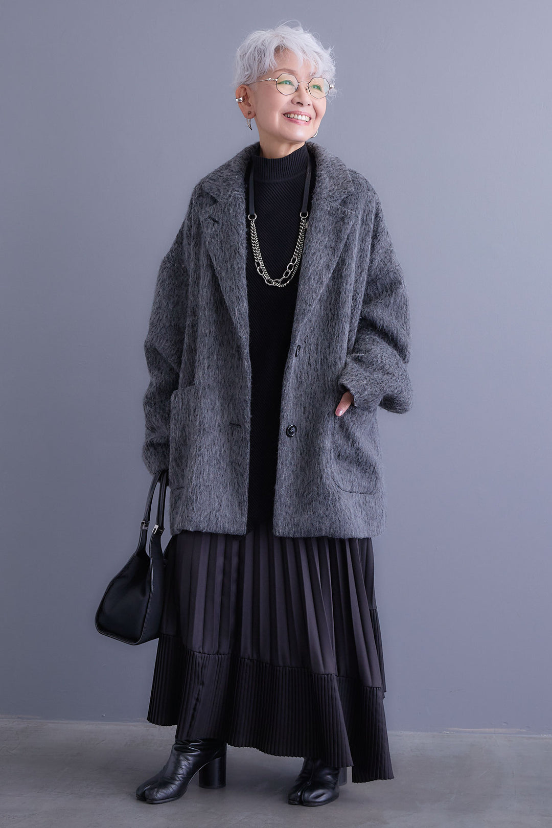 【SET】アシンメトリーオーバーニット+シャギーテーラードコート+アシンメトリープリーツスカート(3set)