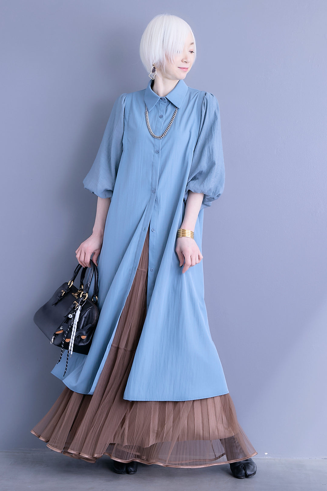 【SET】バルーンスリーブシャツワンピース+2WAYラメサテンプリーツ×シアーティアードチュールスカート(2set)