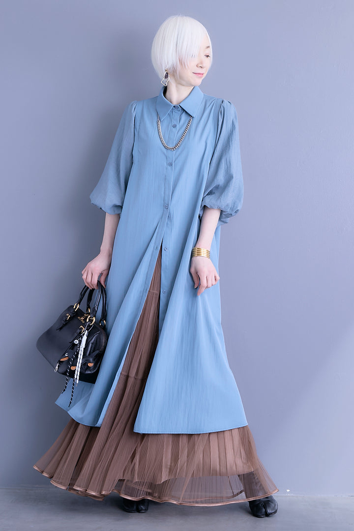 【SET】バルーンスリーブシャツワンピース+2WAYラメサテンプリーツ×シアーティアードチュールスカート(2set)