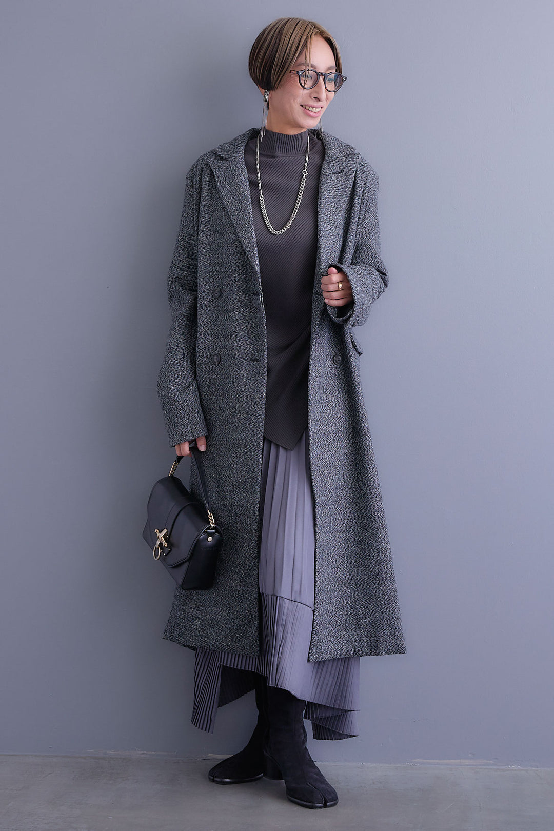 【SET】アシンメトリーオーバーニット+ツイードロングチェスターコート+アシンメトリープリーツスカート(3set)