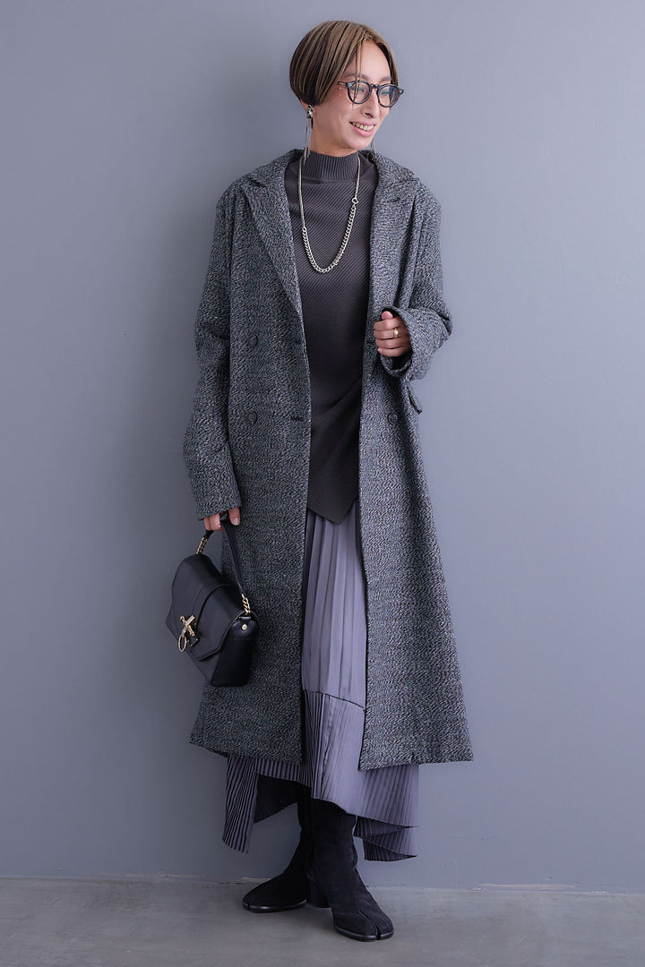 【SET】アシンメトリーオーバーニット+ツイードロングチェスターコート+アシンメトリープリーツスカート(3set)